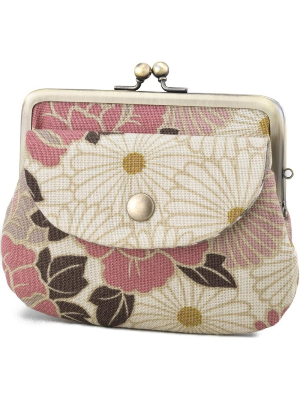 Vintage Floral Kiss Lock Coin Wallet - Retro Pink Beige Pouch for Women